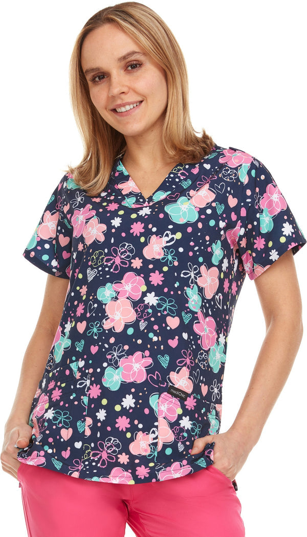 2098-New prints in ! Print V Neck Stretch Scrub Top