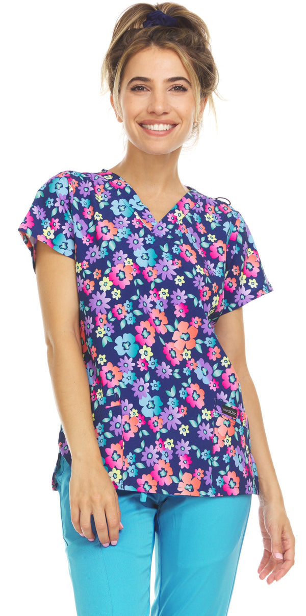 2098- Print V Neck Stretch Scrub Top